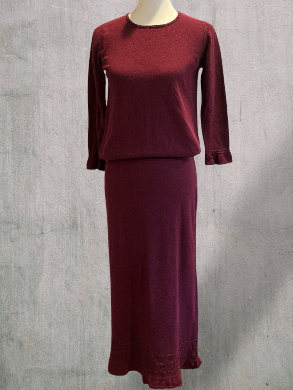 J.Jill Burgundy Rayon Cotton Knit 2 Piece Set Sweater Top & Maxi Skirt Sz XS